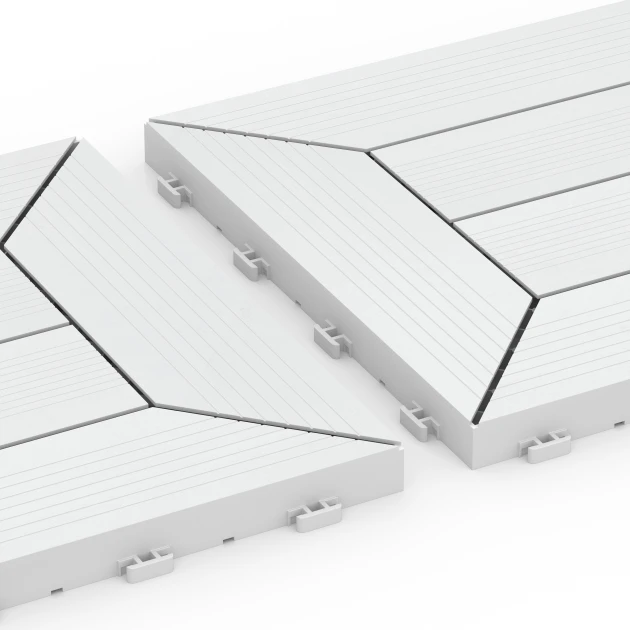 Großaufnahme vom Verbindungssystem von WARCO-Boden 6352 - Kasetni vzorec – Terasne plošče im Farbdesign Kreda. Abmessungen 30 x 30 x 2 cm.