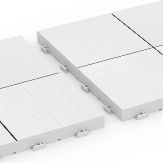 Großaufnahme vom Verbindungssystem von WARCO-Boden 6353 - Mozaik – Terasne plošče im Farbdesign Kreda. Abmessungen 30 x 30 x 2 cm.