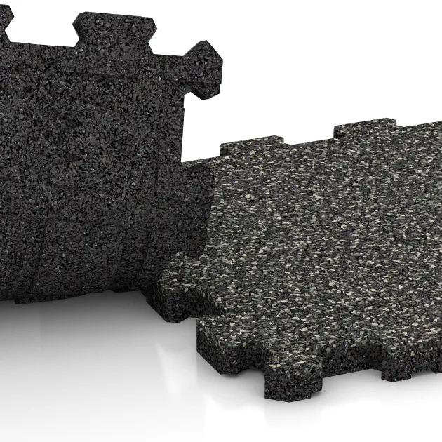 Großaufnahme vom Verbindungssystem von WARCO-Boden 5422 - Treppenbelag im Farbdesign Temno sivi granit. Abmessungen 306 x 306 x 20 mm.