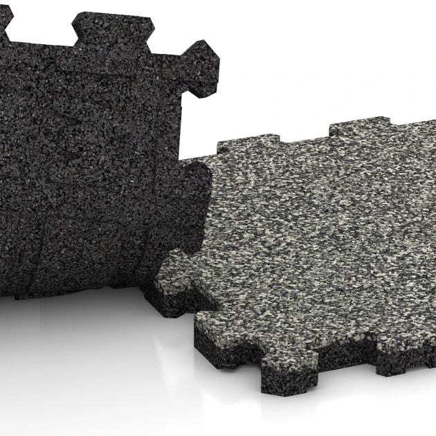 Großaufnahme vom Verbindungssystem von WARCO-Boden 3721 - Fitnes Podloga Premium 2 cm im Farbdesign Sivi granit. Abmessungen 30,6 x 30,6 x 2 cm | 0,094 m².