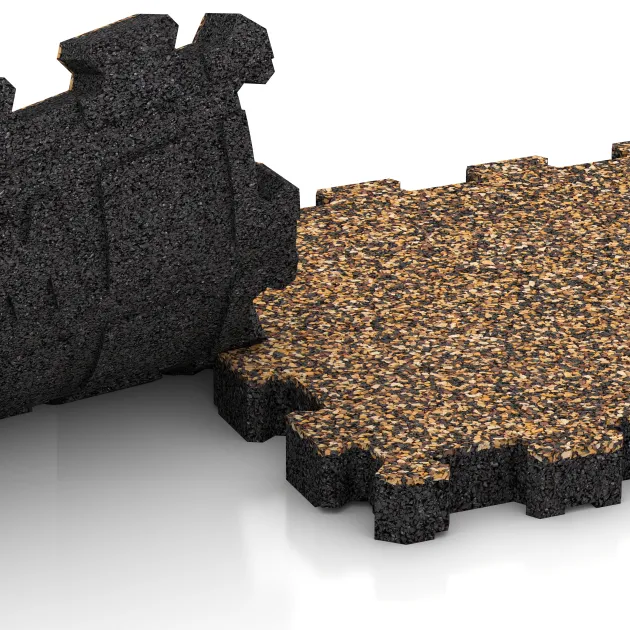 Großaufnahme vom Verbindungssystem von WARCO-Boden 4419 - Športna površina brez fug im Farbdesign Losa in Koren. Abmessungen 306 x 306 x 30 mm.