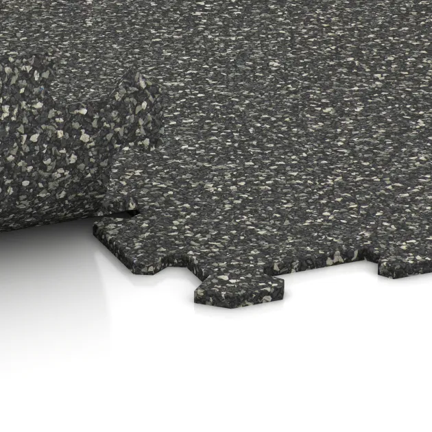 Großaufnahme vom Verbindungssystem von WARCO-Boden 1019 - Fitnes Podlaga Kompakt im Farbdesign Temno sivi granit. Abmessungen 970 x 970 x 8 mm | 0,94 m.