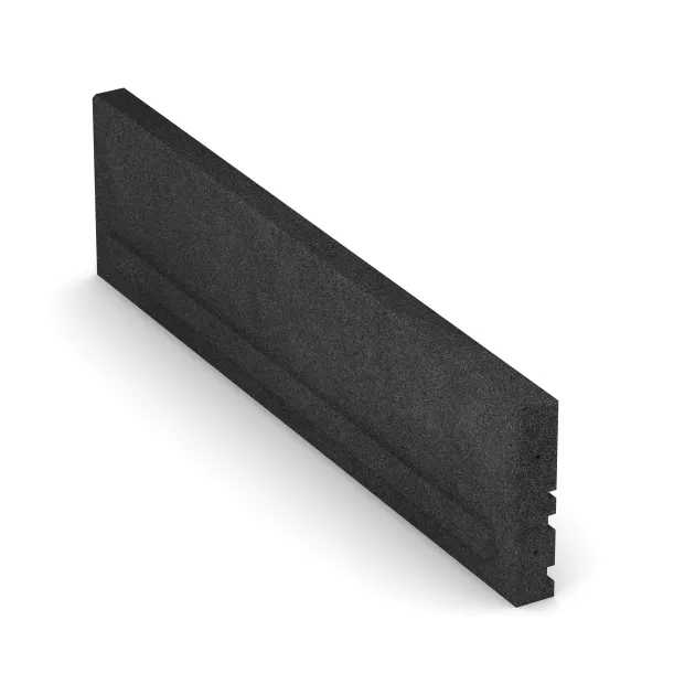 Großaufnahme vom Verbindungssystem von WARCO-Boden 3784 - Gummi-Randstein (Tiefbord) im Farbdesign Antracit. Abmessungen 1000 x 50 x 250 mm.