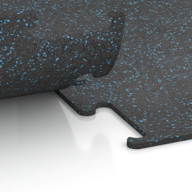 Großaufnahme vom Verbindungssystem von WARCO-Boden 3754 - Fitnes podlaga Fitness Performance Elite im Farbdesign Rahlo Modro Posuto. Abmessungen 1000 x 1000 x 10 mm.