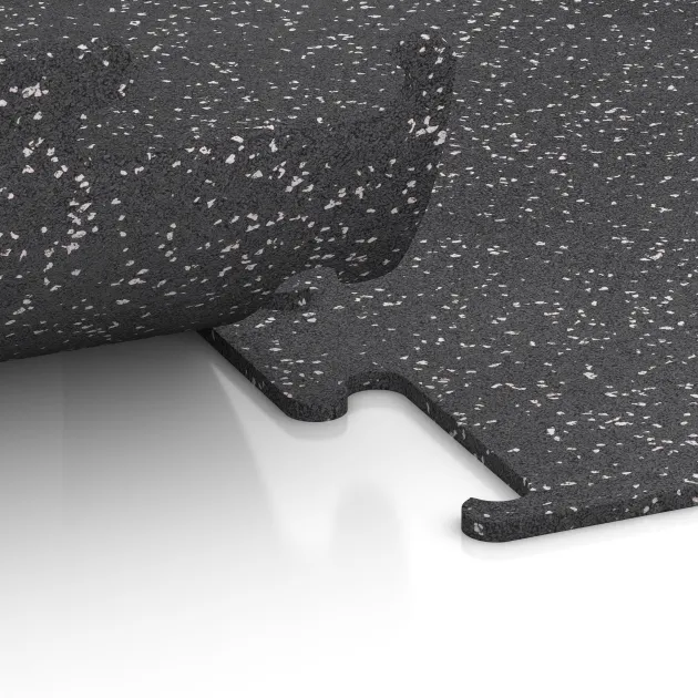 Großaufnahme vom Verbindungssystem von WARCO-Boden 3776 - Fitnes podlaga Fitness Performance Elite im Farbdesign Rahlo sivo posuto. Abmessungen 1000 x 1000 x 10 mm.