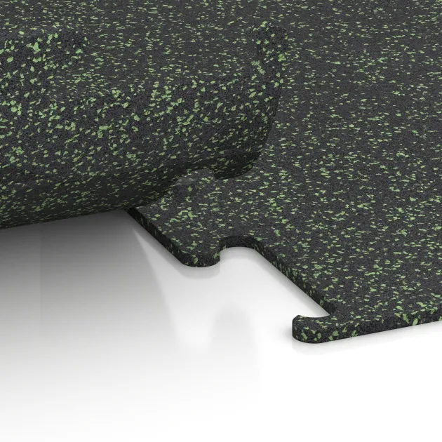 Großaufnahme vom Verbindungssystem von WARCO-Boden 3755 - Fitnes podlaga Fitness Performance Elite im Farbdesign Lekko zeleni posipani. Abmessungen 1000 x 1000 x 10 mm.