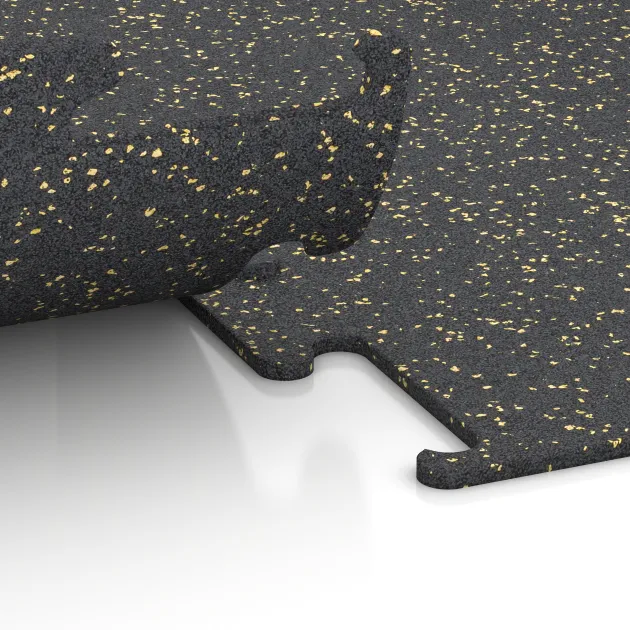 Großaufnahme vom Verbindungssystem von WARCO-Boden 3752 - Fitnes podlaga Fitness Performance Elite im Farbdesign Lehko rumeno posipana. Abmessungen 1000 x 1000 x 10 mm.