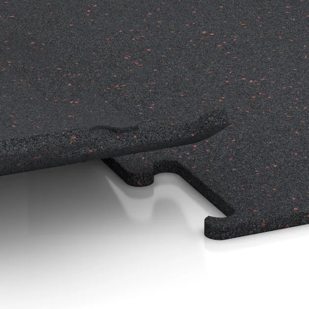 Großaufnahme vom Verbindungssystem von WARCO-Boden 3757 - Fitnes podlaga Fitness Performance Elite im Farbdesign Rahlo rdeče posuto. Abmessungen 1000 x 1000 x 15 mm.