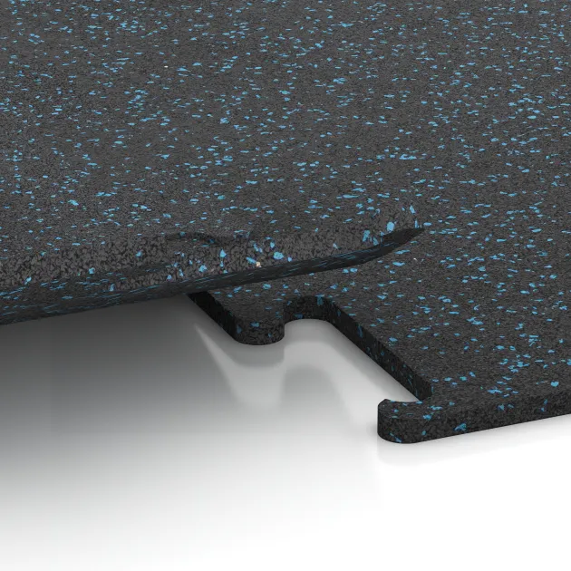 Großaufnahme vom Verbindungssystem von WARCO-Boden 3758 - Fitnes podlaga Fitness Performance Elite im Farbdesign Rahlo Modro Posuto. Abmessungen 1000 x 1000 x 15 mm.