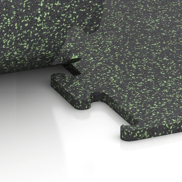 Großaufnahme vom Verbindungssystem von WARCO-Boden 6979 - Fitness Performance Elite talna obloga za vadbo im Farbdesign Lekko zeleni posipani. Abmessungen 100 x 100 x 2 cm | 1,00 m².