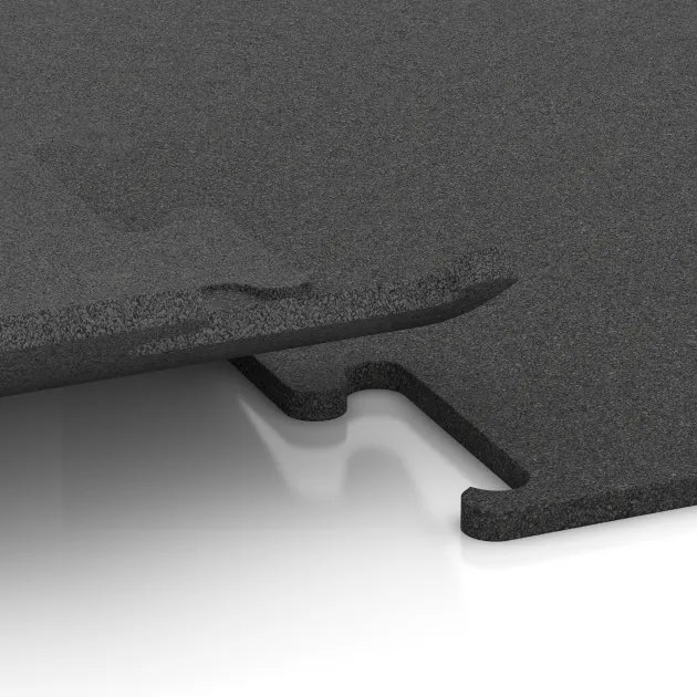 Großaufnahme vom Verbindungssystem von WARCO-Boden 3750 - Fitnes podlaga Fitness Performance Elite im Farbdesign Antracit. Abmessungen 500 x 500 x 15 mm.