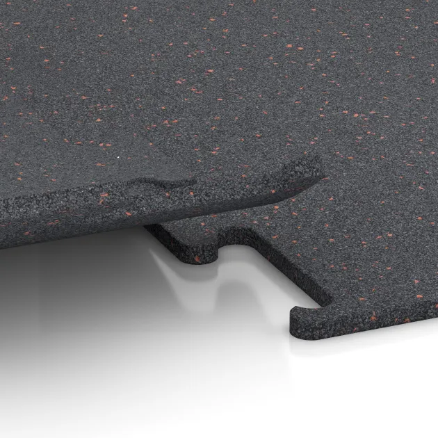 Großaufnahme vom Verbindungssystem von WARCO-Boden 3769 - Fitnes podlaga Fitness Performance Elite im Farbdesign Rahlo rdeče posuto. Abmessungen 500 x 500 x 15 mm.
