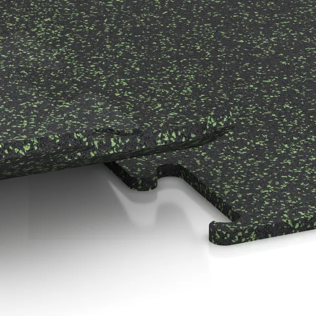 Großaufnahme vom Verbindungssystem von WARCO-Boden 3771 - Fitnes podlaga Fitness Performance Elite im Farbdesign Lekko zeleni posipani. Abmessungen 500 x 500 x 15 mm.