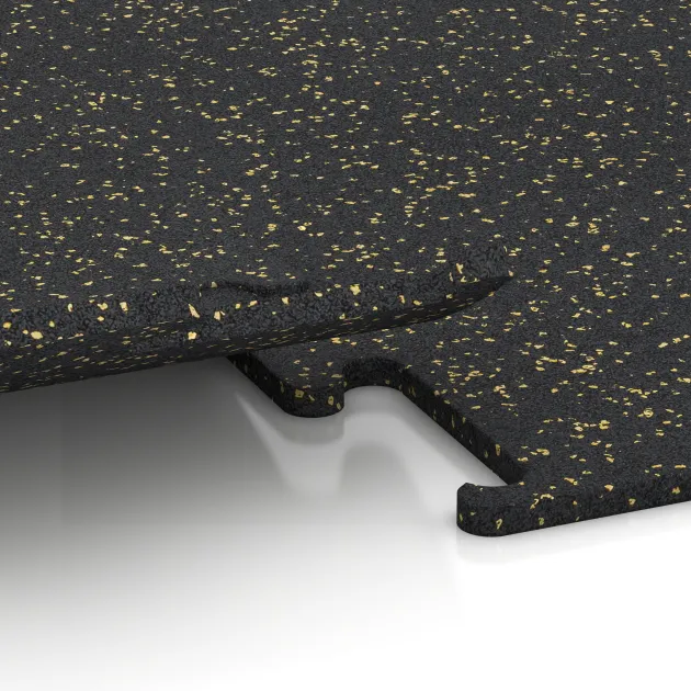 Großaufnahme vom Verbindungssystem von WARCO-Boden 3768 - Fitnes podlaga Fitness Performance Elite im Farbdesign Lehko rumeno posipana. Abmessungen 500 x 500 x 15 mm.