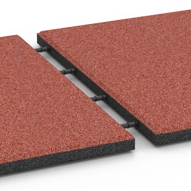 Großaufnahme vom Verbindungssystem von WARCO-Boden 6179 - Terasna plošča Classic im Farbdesign Paradižnikovo rdeča. Abmessungen 50 x 50 x 3 cm.