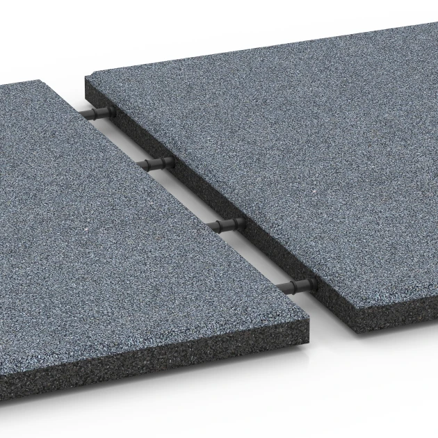 Großaufnahme vom Verbindungssystem von WARCO-Boden 6130 - Gumijasta varnostna plošča – 95 cm im Farbdesign Grafitno siva. Abmessungen 50 x 50 x 3 cm.