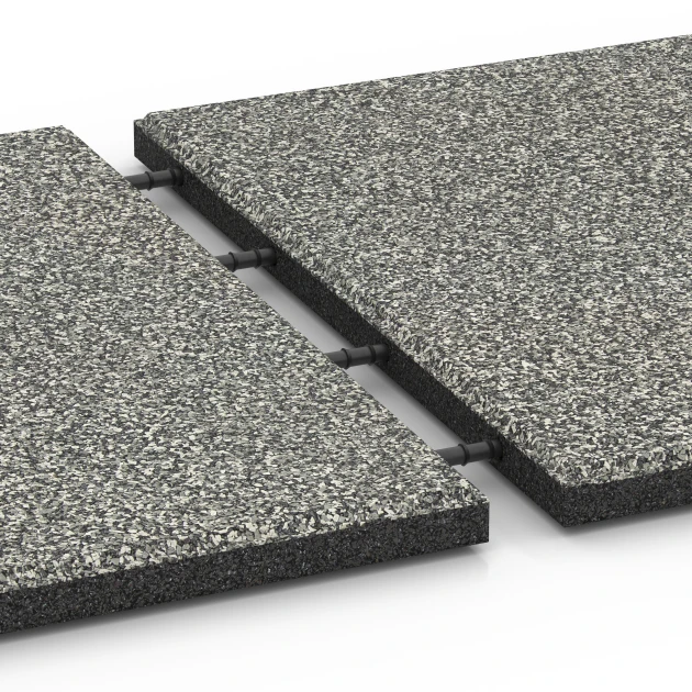 Großaufnahme vom Verbindungssystem von WARCO-Boden 6355 - Terasna plošča Classic im Farbdesign Sivi granit. Abmessungen 50 x 50 x 3 cm.