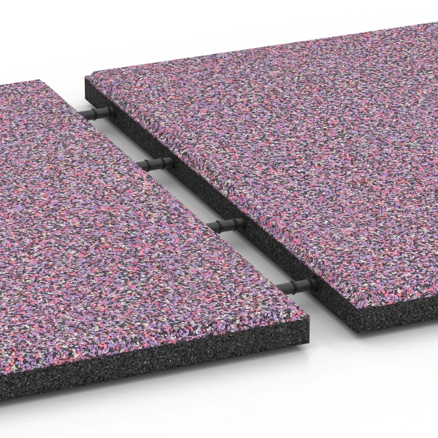 Großaufnahme vom Verbindungssystem von WARCO-Boden 6418 - Gumijasta varnostna plošča – 90 cm im Farbdesign Levandula. Abmessungen 50 x 50 x 3 cm.
