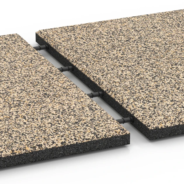 Großaufnahme vom Verbindungssystem von WARCO-Boden 6419 - Gumijasta varnostna plošča – 90 cm im Farbdesign Travertin. Abmessungen 50 x 50 x 3 cm.