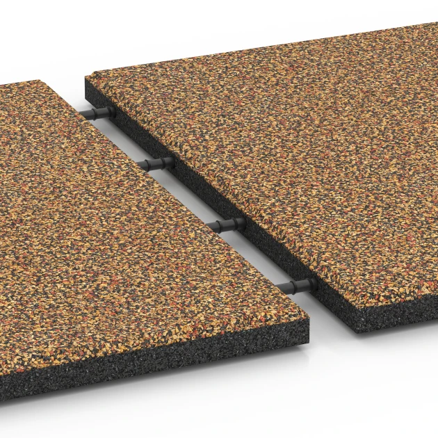 Großaufnahme vom Verbindungssystem von WARCO-Boden 6416 - Gumijasta varnostna plošča – 90 cm im Farbdesign Terakota. Abmessungen 50 x 50 x 3 cm | 0,25 m².