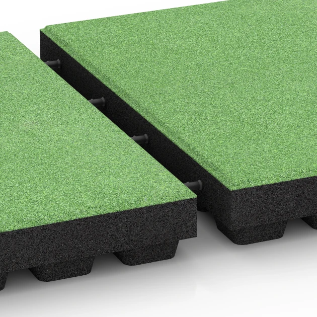 Großaufnahme vom Verbindungssystem von WARCO-Boden 6297 - Gumijaste varnostne plošče im Farbdesign Lipovo zelena. Abmessungen 50 x 50 x 7 cm.