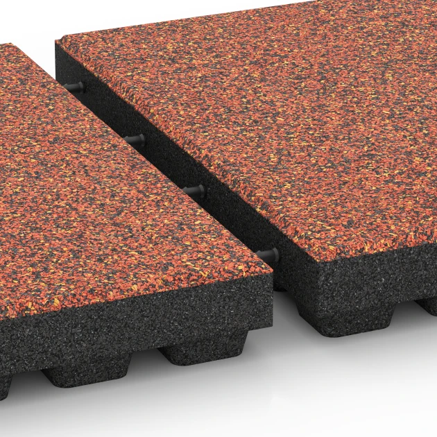 Großaufnahme vom Verbindungssystem von WARCO-Boden 6444 - Gumijasta varnostna plošča – 210 cm im Farbdesign Etna. Abmessungen 50 x 50 x 7 cm.