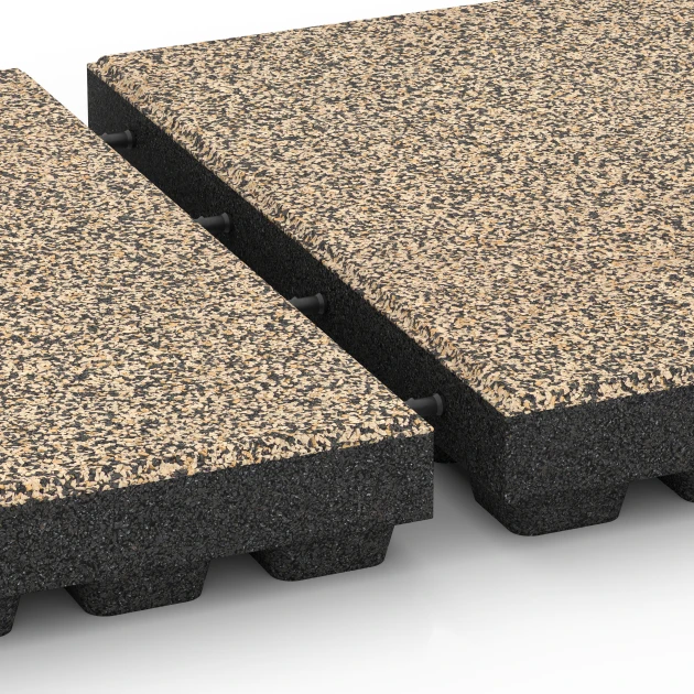 Großaufnahme vom Verbindungssystem von WARCO-Boden 6446 - Gumijasta varnostna plošča – 210 cm im Farbdesign Travertin. Abmessungen 50 x 50 x 7 cm.