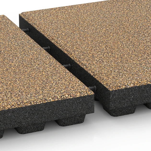 Großaufnahme vom Verbindungssystem von WARCO-Boden 6448 - Gumijasta varnostna plošča – 210 cm im Farbdesign Ratan. Abmessungen 50 x 50 x 7 cm.