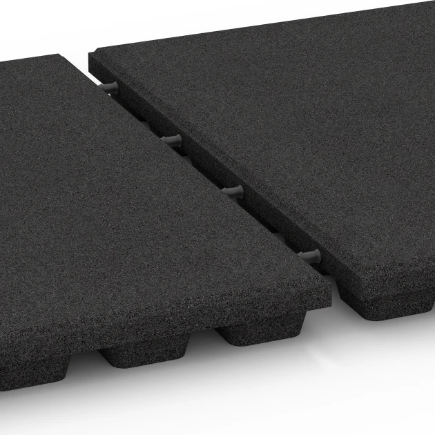 Großaufnahme vom Verbindungssystem von WARCO-Boden 6291 - Gumijaste varnostne plošče im Farbdesign Antracit. Abmessungen 50 x 50 x 4,8 cm.