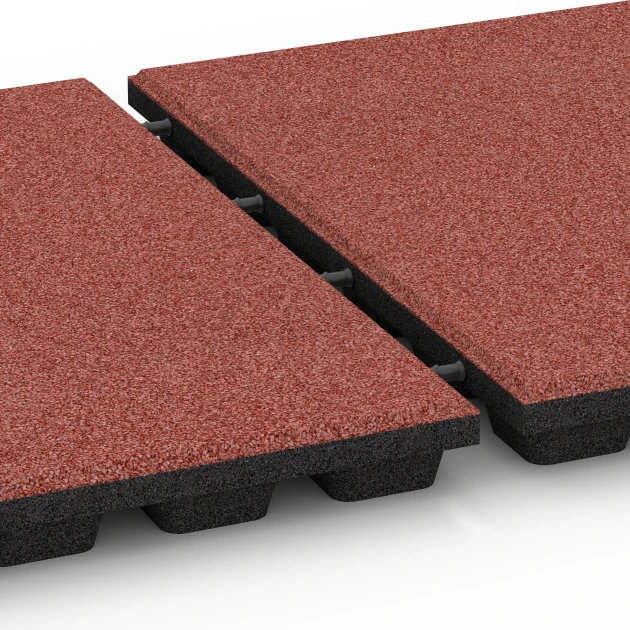 Großaufnahme vom Verbindungssystem von WARCO-Boden 6136 - Gumijasta varnostna plošča – 170 cm im Farbdesign Paradižnikovo rdeča. Abmessungen 50 x 50 x 4,8 cm.