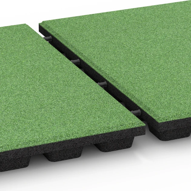 Großaufnahme vom Verbindungssystem von WARCO-Boden 6293 - Gumijaste varnostne plošče im Farbdesign Lipovo zelena. Abmessungen 50 x 50 x 4,8 cm.