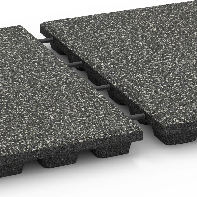 Großaufnahme vom Verbindungssystem von WARCO-Boden 6431 - Gumijasta varnostna plošča – 160 cm im Farbdesign Temnosivi granit. Abmessungen 50 x 50 x 4,8 cm.