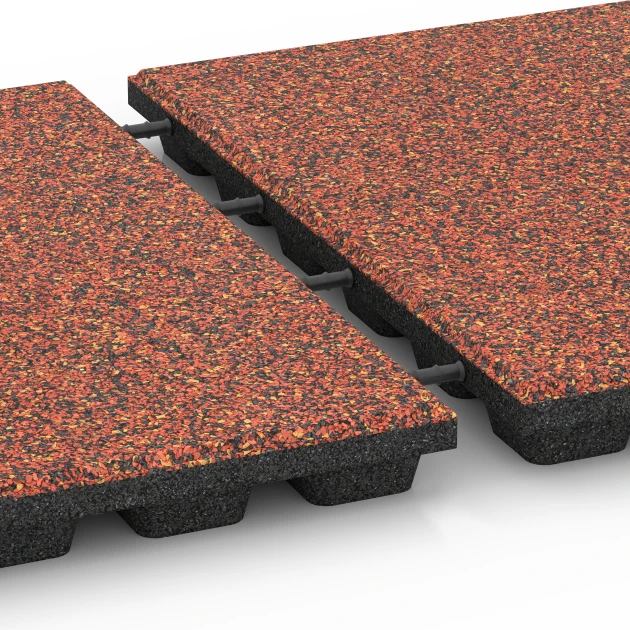 Großaufnahme vom Verbindungssystem von WARCO-Boden 6435 - Gumijasta varnostna plošča – 160 cm im Farbdesign Etna. Abmessungen 50 x 50 x 4,8 cm.