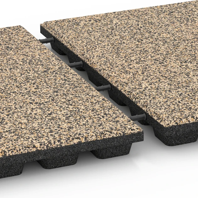 Großaufnahme vom Verbindungssystem von WARCO-Boden 6437 - Gumijasta varnostna plošča – 160 cm im Farbdesign Travertin. Abmessungen 50 x 50 x 4,8 cm.