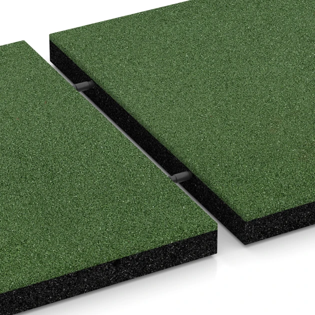 Großaufnahme vom Verbindungssystem von WARCO-Boden 6261 - Gumijasta varnostna plošča – 150 cm im Farbdesign Travnato zelena. Abmessungen 50 x 50 x 4,5 cm.