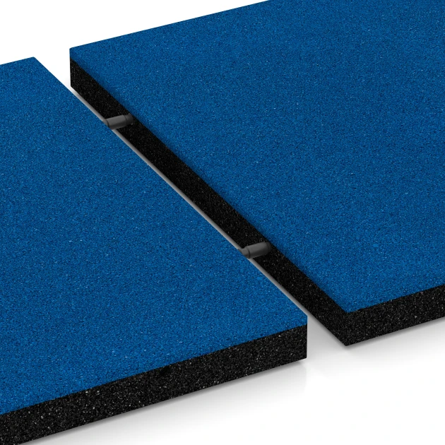 Großaufnahme vom Verbindungssystem von WARCO-Boden 6262 - Gumijasta varnostna plošča – 150 cm im Farbdesign Nebesno modra. Abmessungen 50 x 50 x 4,5 cm.