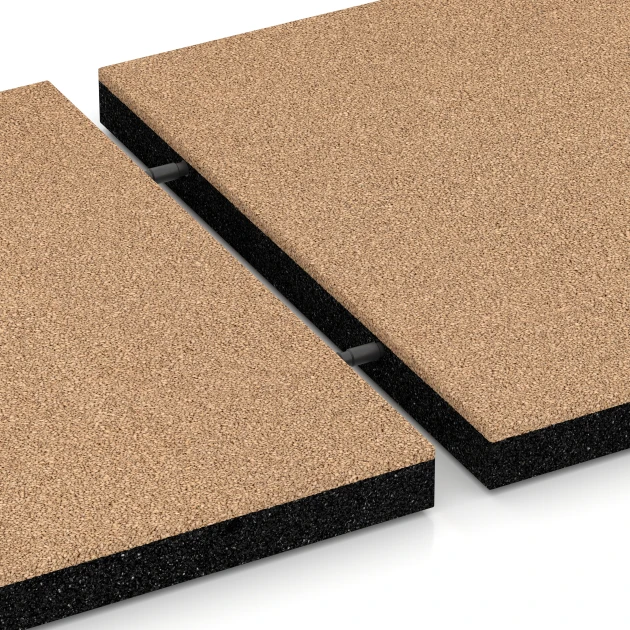 Großaufnahme vom Verbindungssystem von WARCO-Boden 6264 - Gumijasta varnostna plošča – 150 cm im Farbdesign Peščeno bež. Abmessungen 50 x 50 x 4,5 cm.