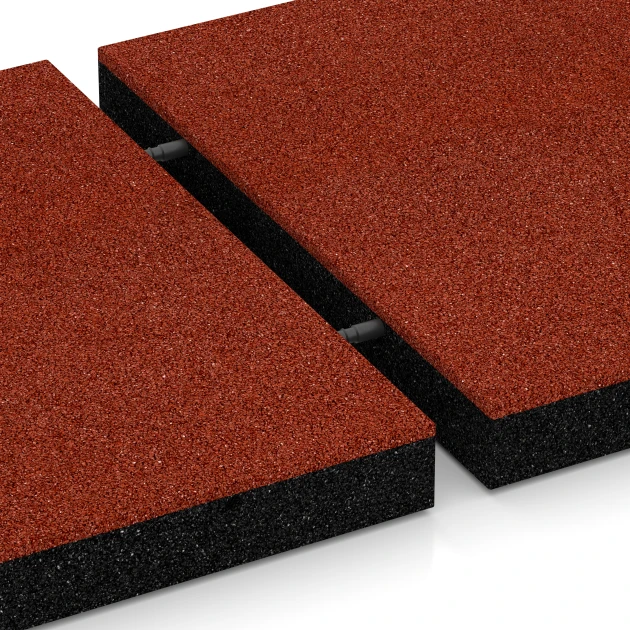 Großaufnahme vom Verbindungssystem von WARCO-Boden 6266 - Blažilna plošča – 180 cm im Farbdesign Opečno rdeča. Abmessungen 50 x 50 x 6 cm.