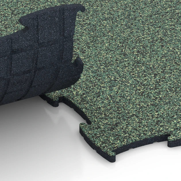 Großaufnahme vom Verbindungssystem von WARCO-Boden 6870 - Fitnes talna obloga Max im Farbdesign Angleška trata. Abmessungen 97,1 x 97,1 × 1,8 cm.
