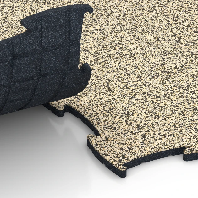 Großaufnahme vom Verbindungssystem von WARCO-Boden 6874 - Fitnes talna obloga Max im Farbdesign Travertin. Abmessungen 97,1 x 97,1 × 1,8 cm.