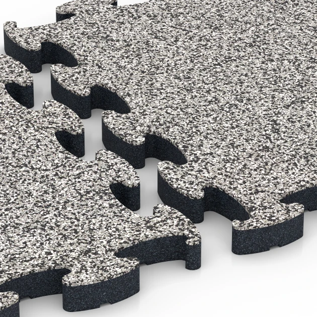 Großaufnahme vom Verbindungssystem von WARCO-Boden 6878 - Fitnes talna obloga Max im Farbdesign Sivi granit. Abmessungen 44,6 x 44,6 × 2,8 cm.