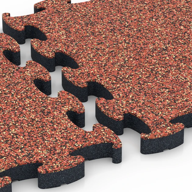 Großaufnahme vom Verbindungssystem von WARCO-Boden 6881 - Fitnes talna obloga Max im Farbdesign Etna. Abmessungen 44,6 x 44,6 × 2,8 cm.