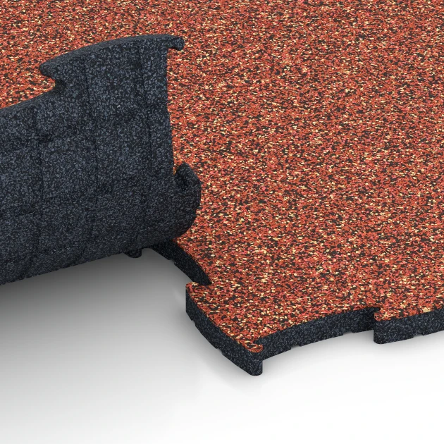 Großaufnahme vom Verbindungssystem von WARCO-Boden 6854 - Fitness Active talna obloga im Farbdesign Etna. Abmessungen 97,1 x 97,1 x 2,8 cm.