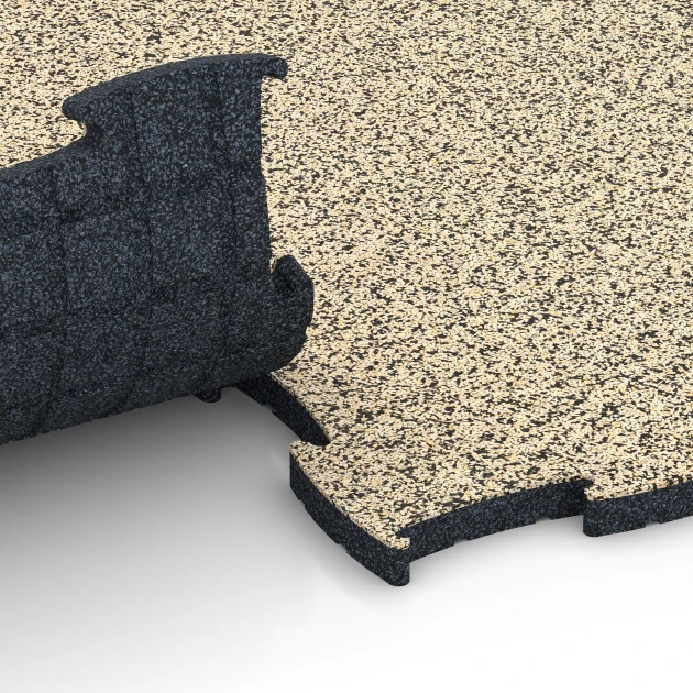 Großaufnahme vom Verbindungssystem von WARCO-Boden 6856 - Fitness Active talna obloga im Farbdesign Travertin. Abmessungen 97,1 x 97,1 x 2,8 cm.