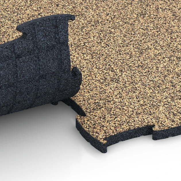 Großaufnahme vom Verbindungssystem von WARCO-Boden 6858 - Fitness Active talna obloga im Farbdesign Ratan. Abmessungen 97,1 x 97,1 x 2,8 cm.