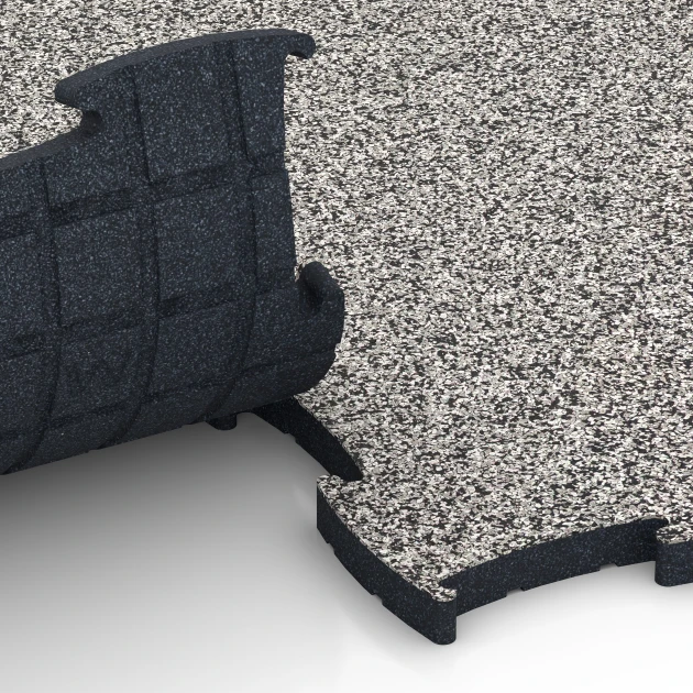 Großaufnahme vom Verbindungssystem von WARCO-Boden 6887 - Fitnes talna obloga Max im Farbdesign Sivi granit. Abmessungen 97,1 x 97,1 x 2,8 cm.
