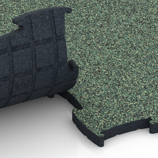 Großaufnahme vom Verbindungssystem von WARCO-Boden 6888 - Fitnes talna obloga Max im Farbdesign Angleška trata. Abmessungen 97,1 x 97,1 x 2,8 cm.
