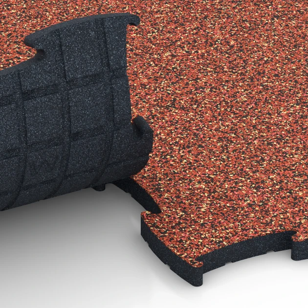 Großaufnahme vom Verbindungssystem von WARCO-Boden 6890 - Fitnes talna obloga Max im Farbdesign Etna. Abmessungen 97,1 x 97,1 x 2,8 cm.