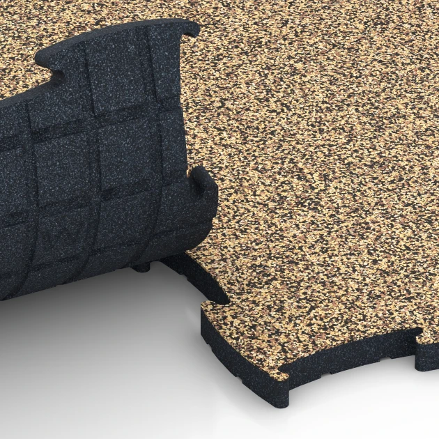 Großaufnahme vom Verbindungssystem von WARCO-Boden 6894 - Fitnes talna obloga Max im Farbdesign Ratan. Abmessungen 97,1 x 97,1 x 2,8 cm.