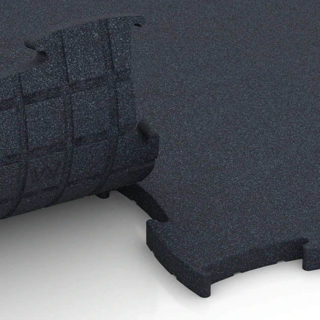 Großaufnahme vom Verbindungssystem von WARCO-Boden 6969 - Fitness Premium studijska podlaga Plus im Farbdesign Antracit. Abmessungen 99 x 99 x 2,8 cm.